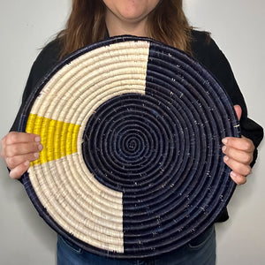 16" Navy and Yellow Handwoven Basket from Uganda