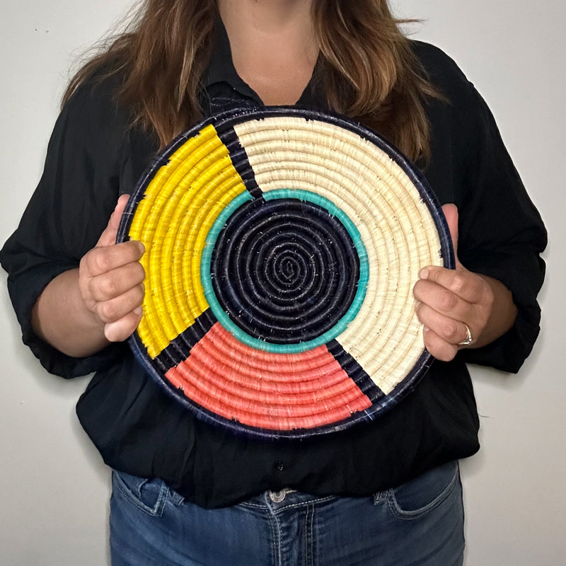 12" Navy, Pink and Yellow Handwoven Basket from Uganda