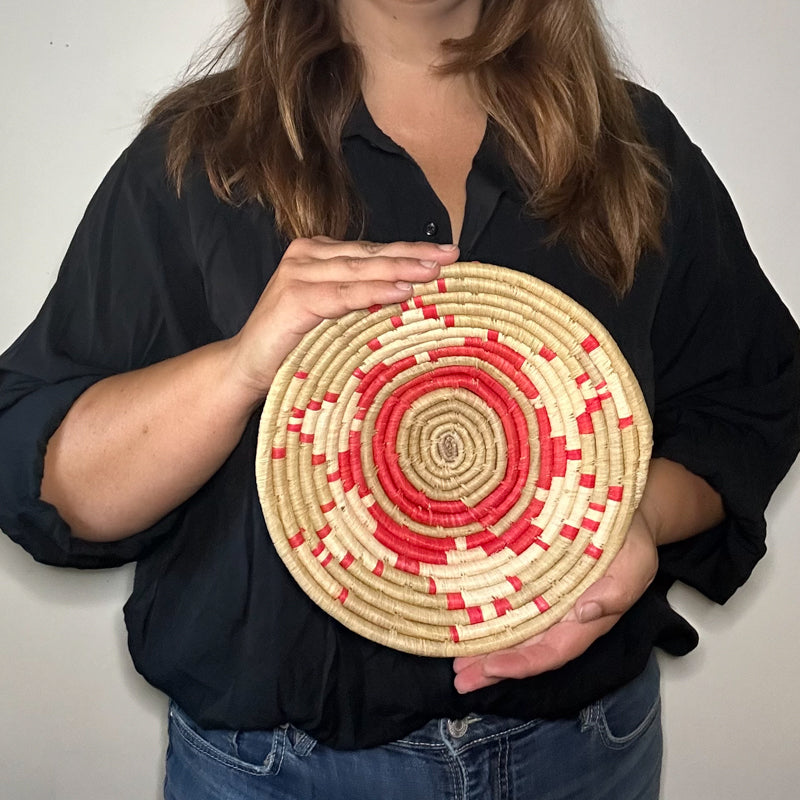 10" Red and Neutral Handwoven Basket from Uganda