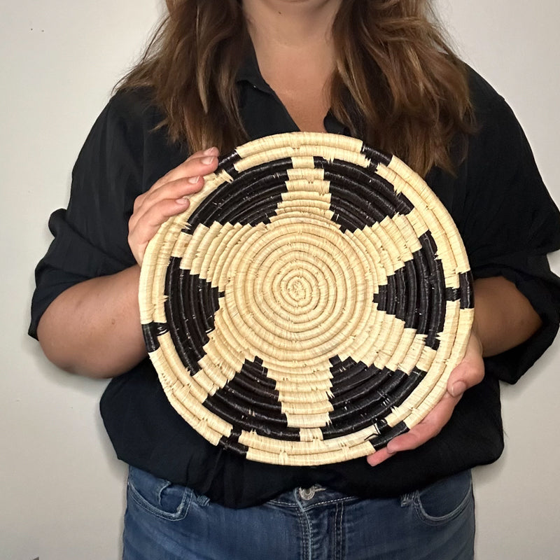 12" Natural and Black Star Handwoven Basket from Uganda