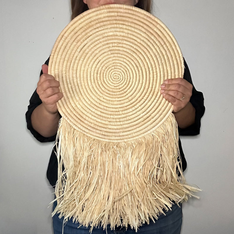 16" Natural Handwoven Fringed Basket Wall Hanging from Uganda