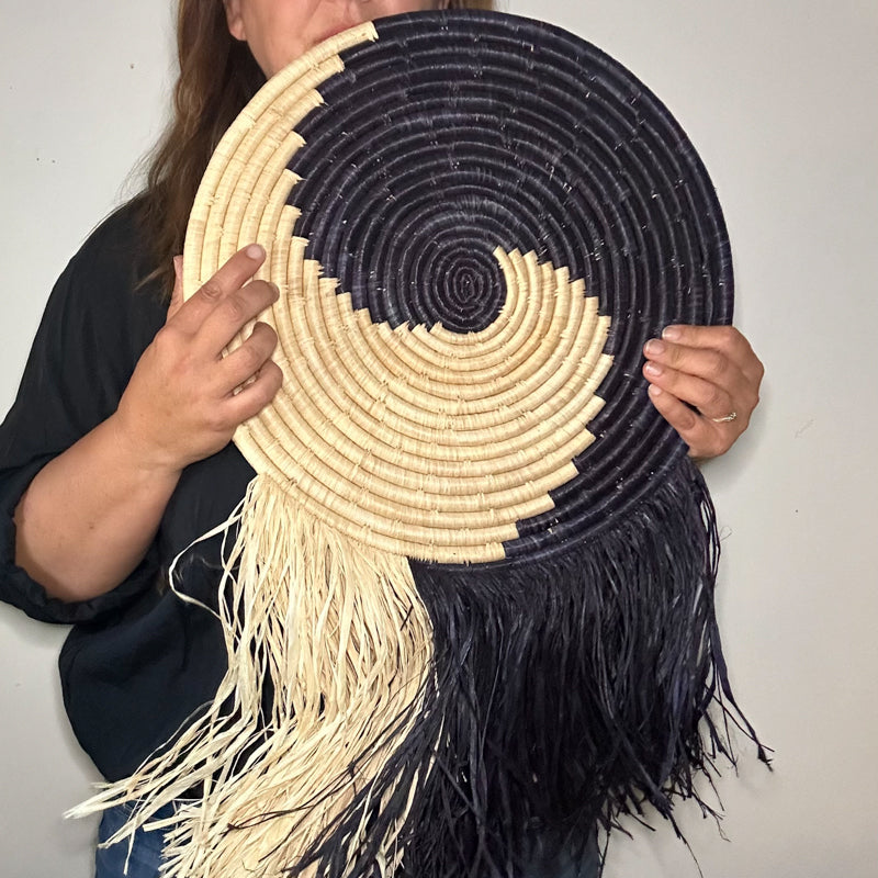 16" Natural and Black Fringed Basket Wall Hanging from Uganda