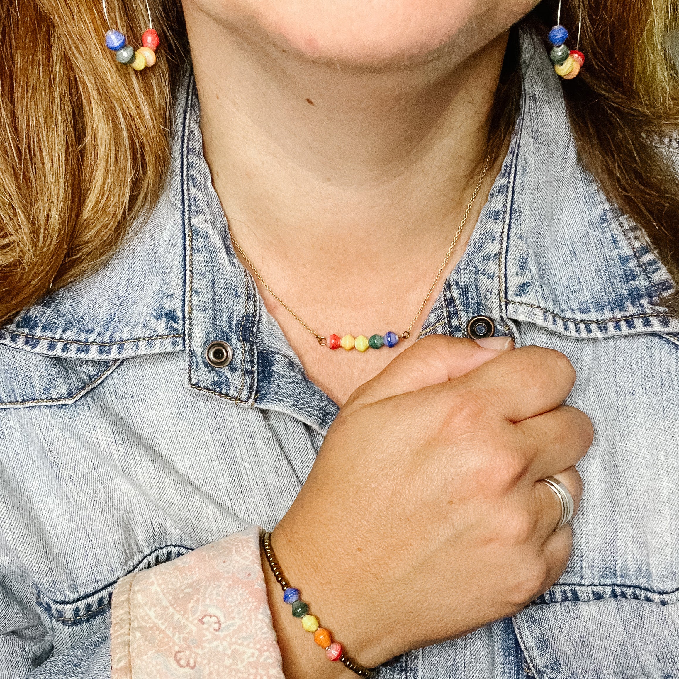 JustOne's thin necklace with five beads to make a rainbow handmade in Uganda