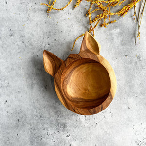 JustOne's small cat shaped wooden bowl handcrafted in Kenya